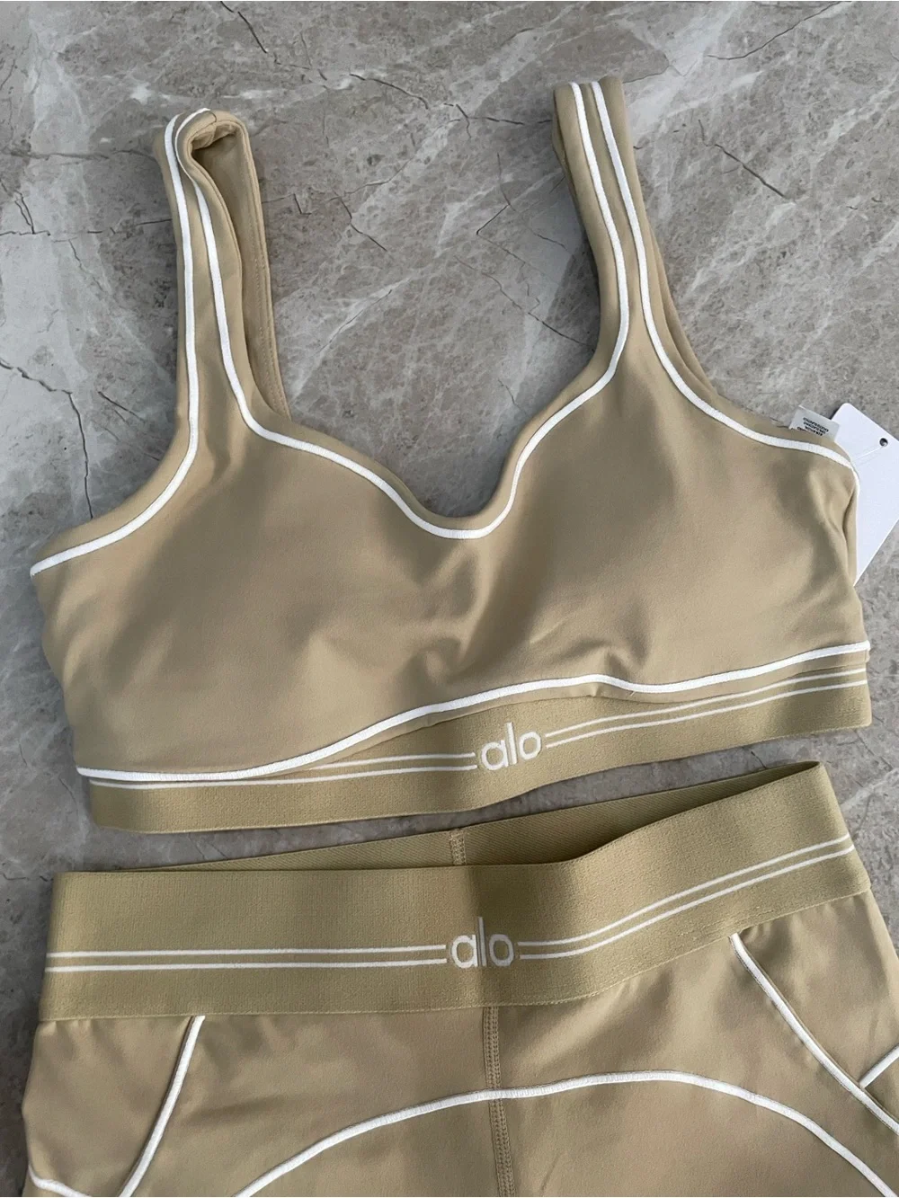 ALO Yoga Tan High-Rise Legging and Matching Bra Set with White Piping